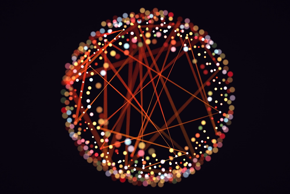 Circular kinetic form made of vibrant dots to represent chaos