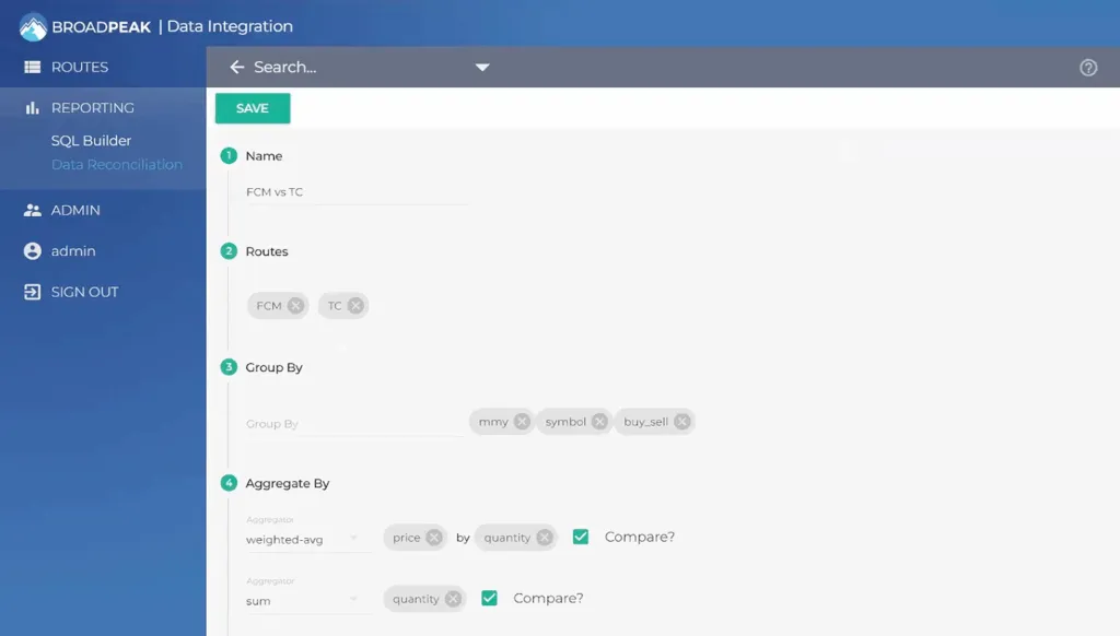 Screenshot of BroadPeak's Trade reconciliation configuration