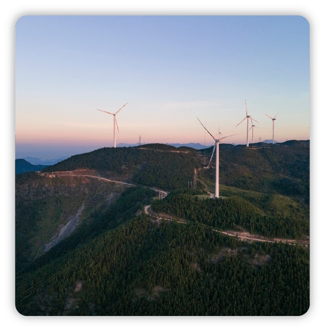 Wind farm with white fans on a hillside with view of the ocean and sunset