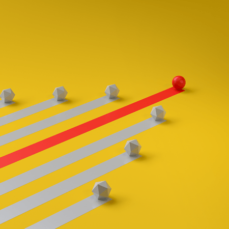 Orange ball and line in the center of grey cubes and lines set against a yellow background