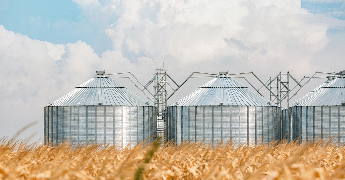 Steel agricultural structures set against cloudy sky