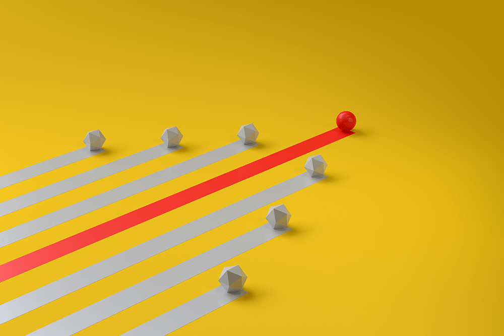 Orange ball and line in the center of grey cubes and lines set against a yellow background