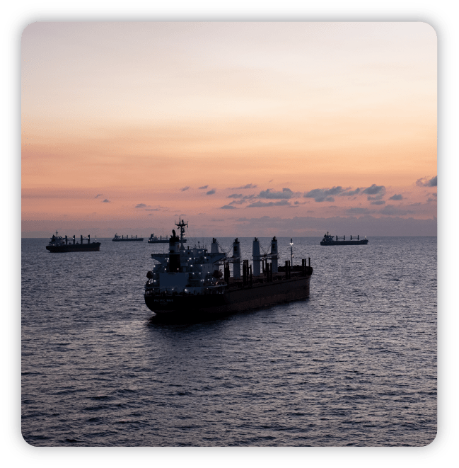Five large ships in the ocean at sunset with one closer up and in full focus
