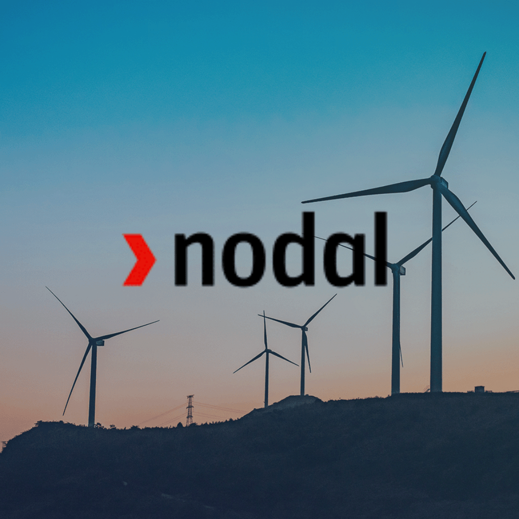 Row of windmills set against orange and blue sunset with Nodal logo overlay