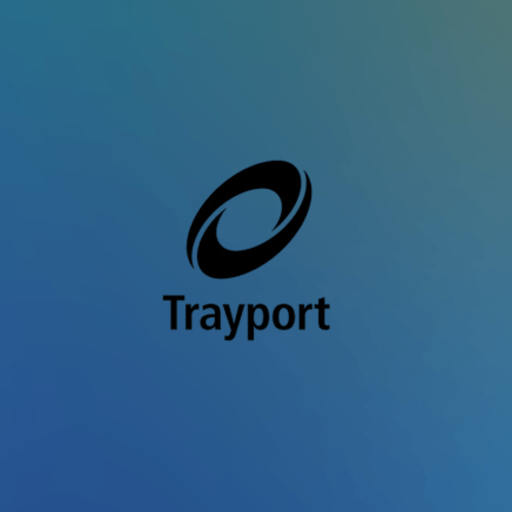 Trayport logo in navy with circular mark
