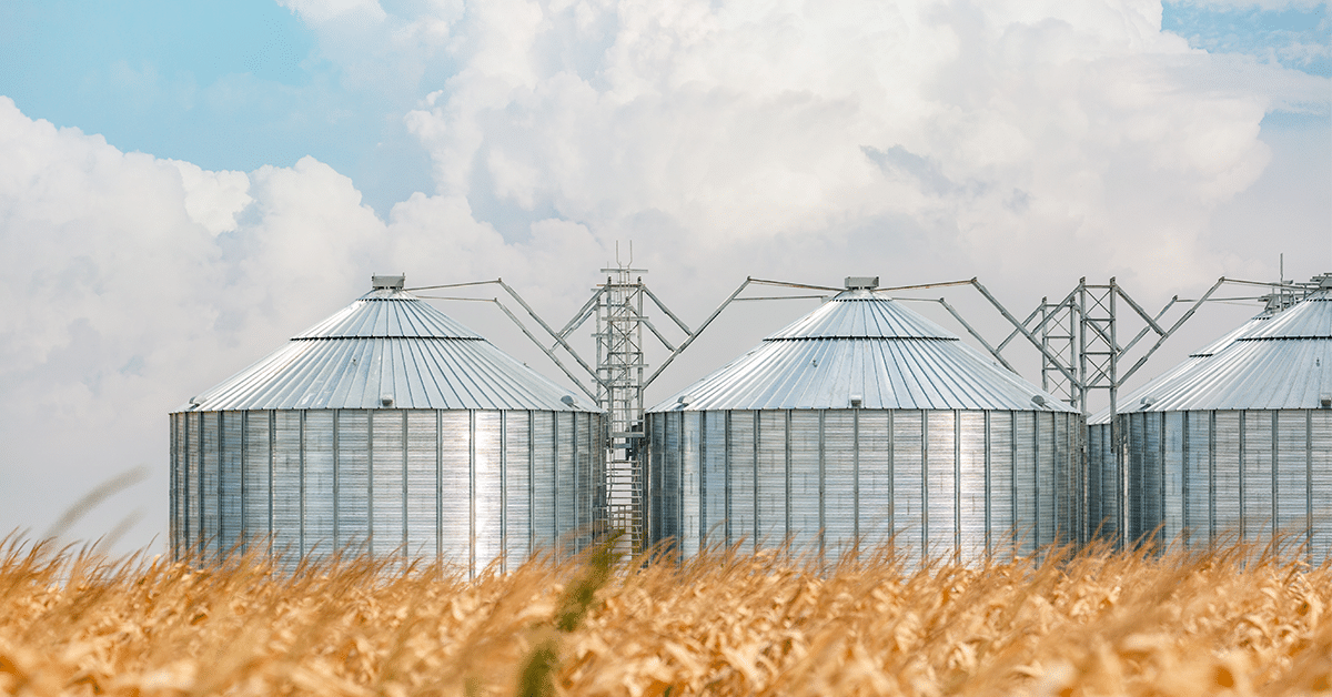 Steel agricultural structures set against cloudy sky