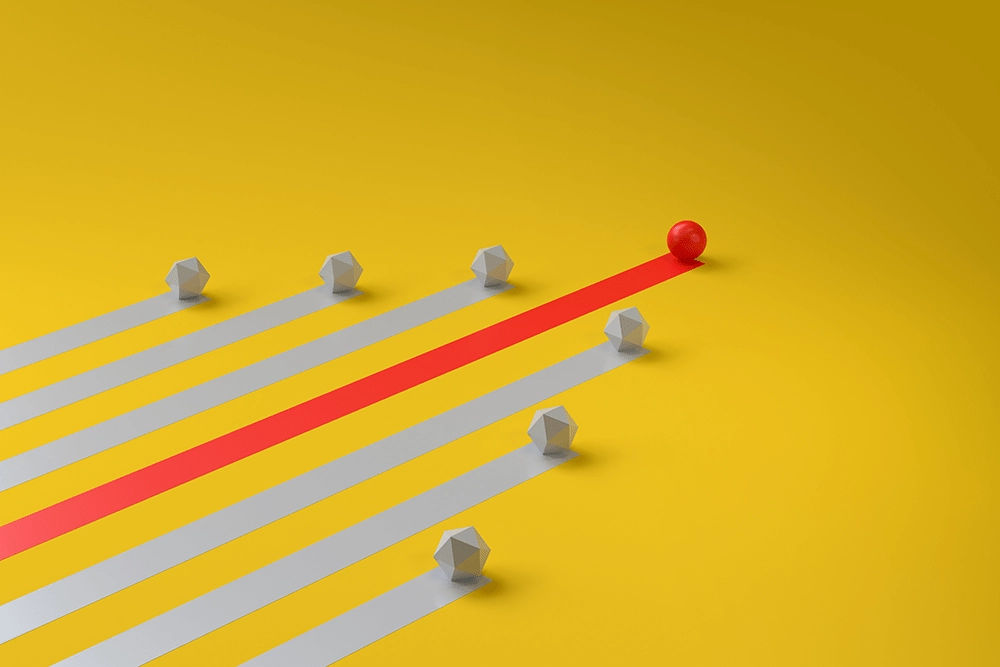 Orange ball and line in the center of grey cubes and lines set against a yellow background