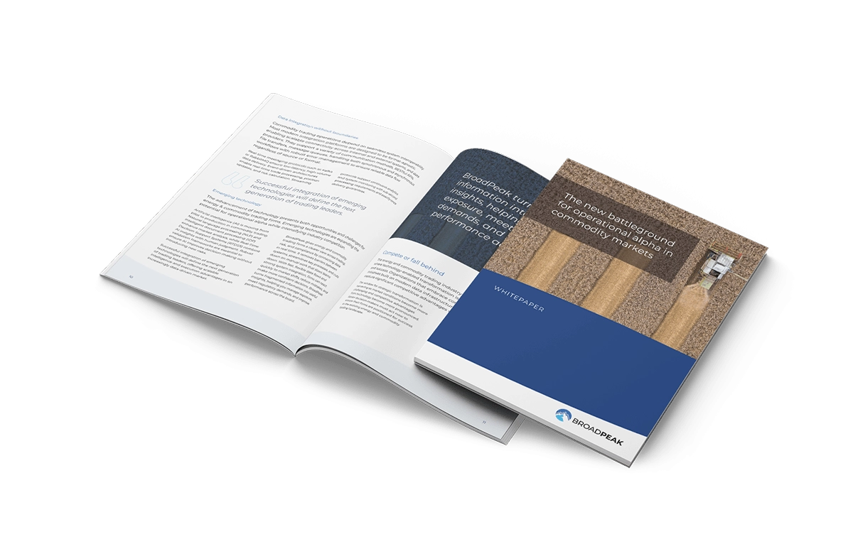 Cover and open booklet of BroadPeak's whitepaper "The new battleground for operational alpha in commodity markets"