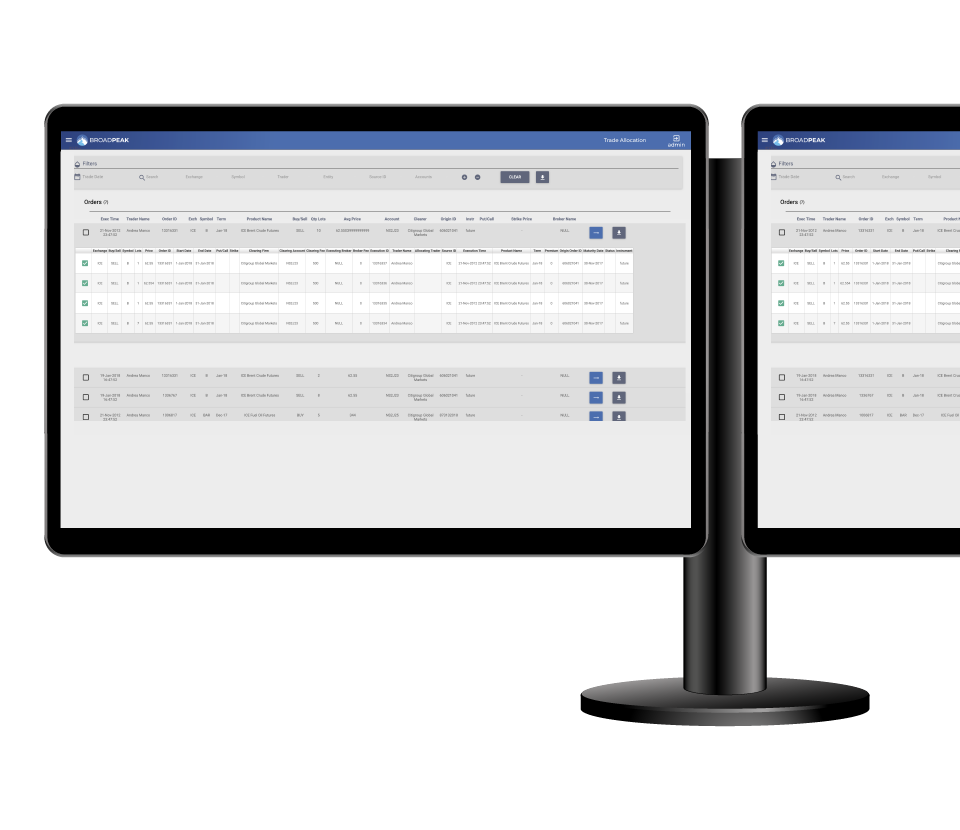 Screenshot of BroadPeak's Trade Allocation in action