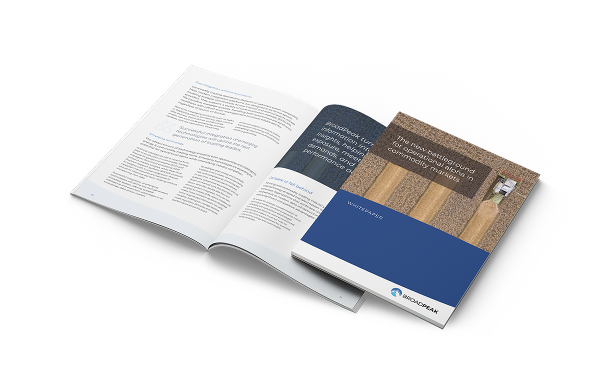 Cover and open booklet of BroadPeak's whitepaper "The new battleground for operational alpha in commodity markets"