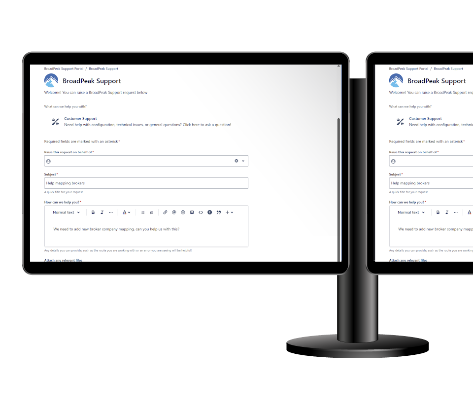 Dual computer screens showing BroadPeak's support portal