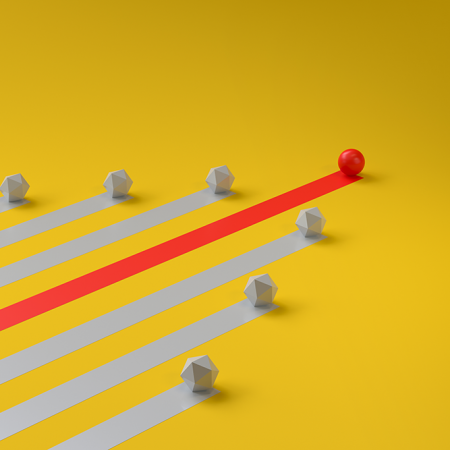 Orange ball and line in the center of grey cubes and lines set against a yellow background