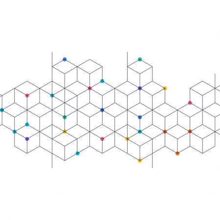 Minimal isometric cube pattern with connected nodes, symbolizing digital networks, blockchain, or abstract communication design.