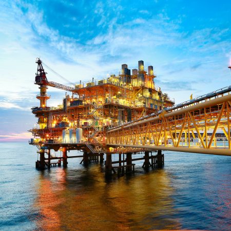 Offshore construction platform for production oil and gas. Oil and gas industry and hard work. Production platform and operation process by manual and auto function from control room.