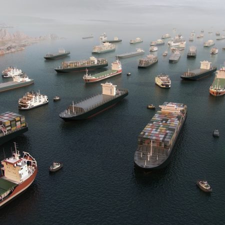 Cargo vessels congestion blocking maritime traffic in the Strait of Hormuz, tankers and container cargo ships clustered in aerial 3D illustration render. Strategic maritime chokepoint linking the Persian Gulf and Gulf of Oman. Global trade dependency, export logistics, freight transport, supply chain vulnerability, geopolitical tension 3D